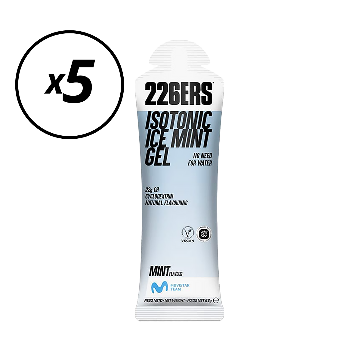 Förpackning med 5 st 226ERS ISOTONIC Energy Gels (68G) Mint Hållbarhetstid överskriden