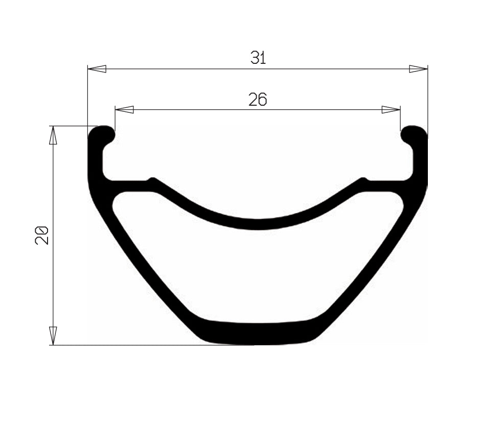HOPE FORTUS 26 W -vanteen profiili: ulkoleveys 31 mm, sisäleveys 26 mm, korkeus 20 mm