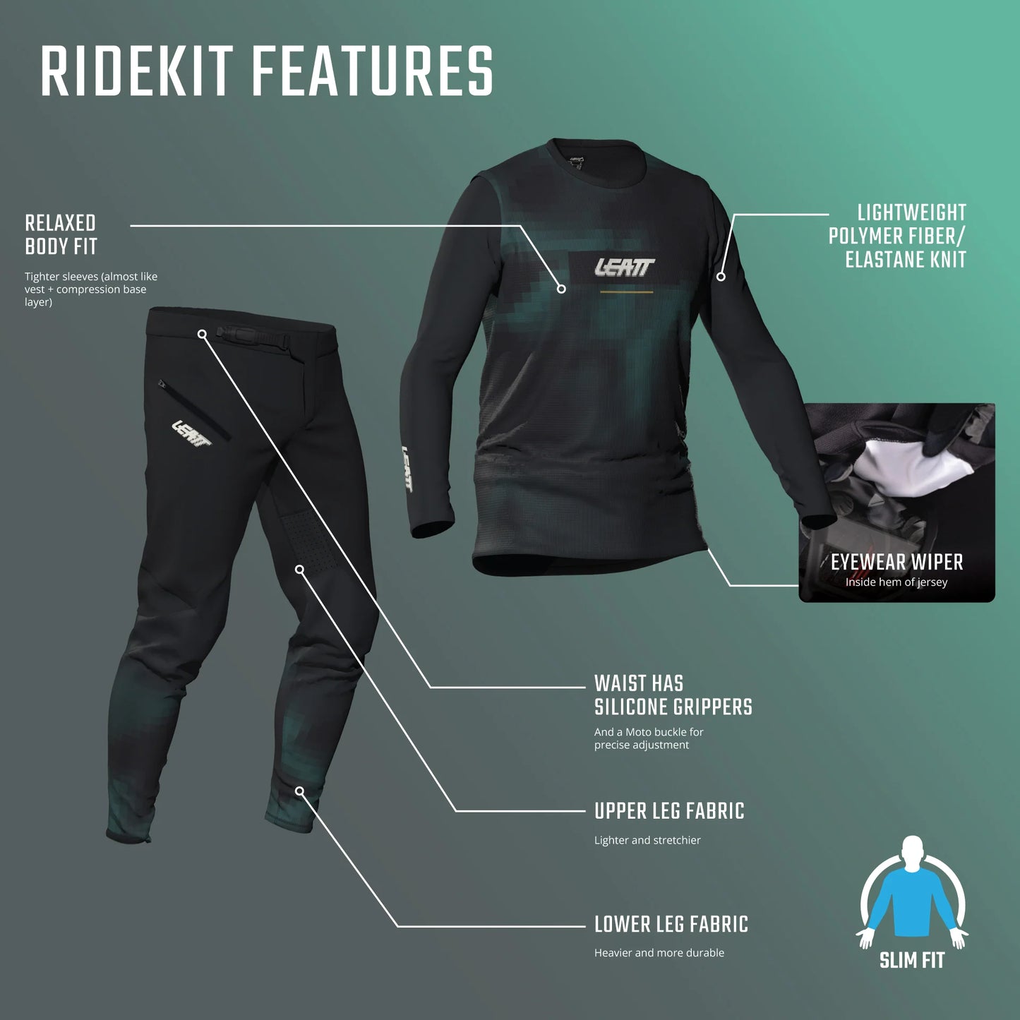 Kit Maillot + Pantalon LEATT MTB GRAVITY 1.0 Junior Noir/Vert