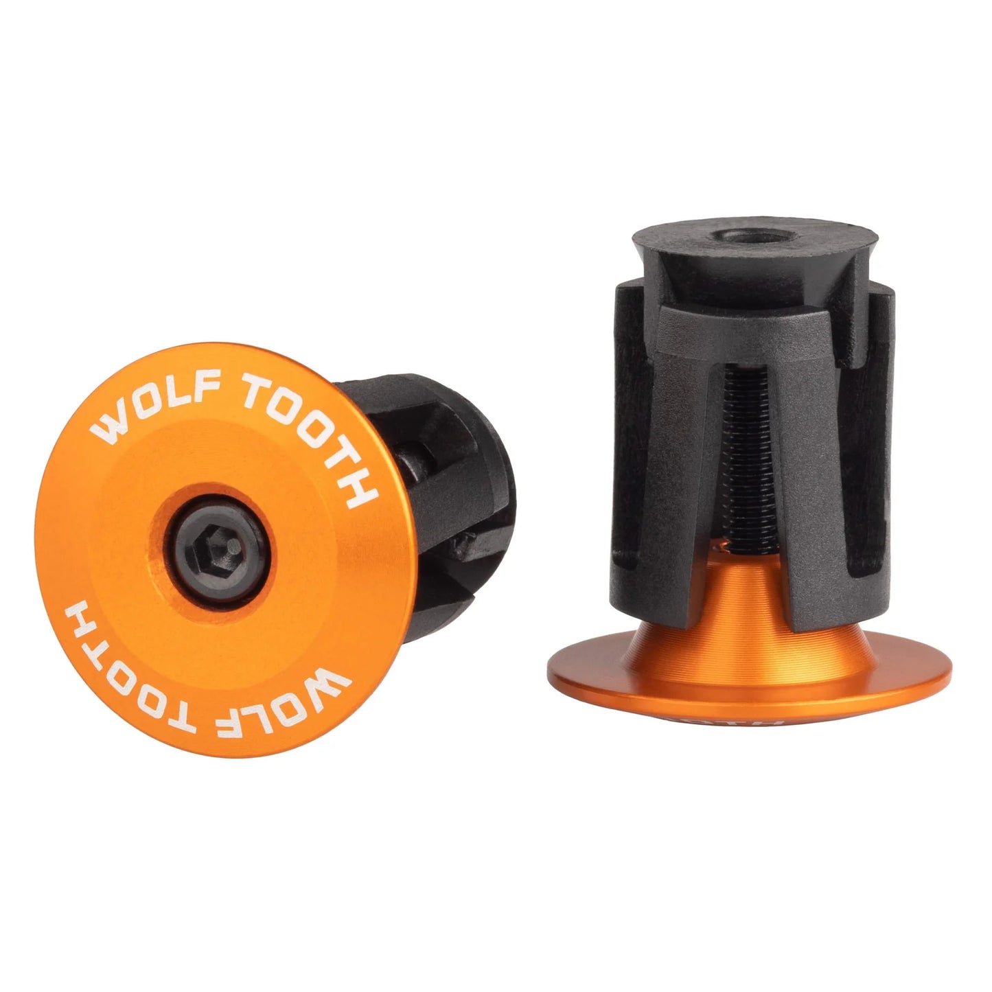 Et par WOLF TOOTH-styrpropper i orange, anodiseret aluminium