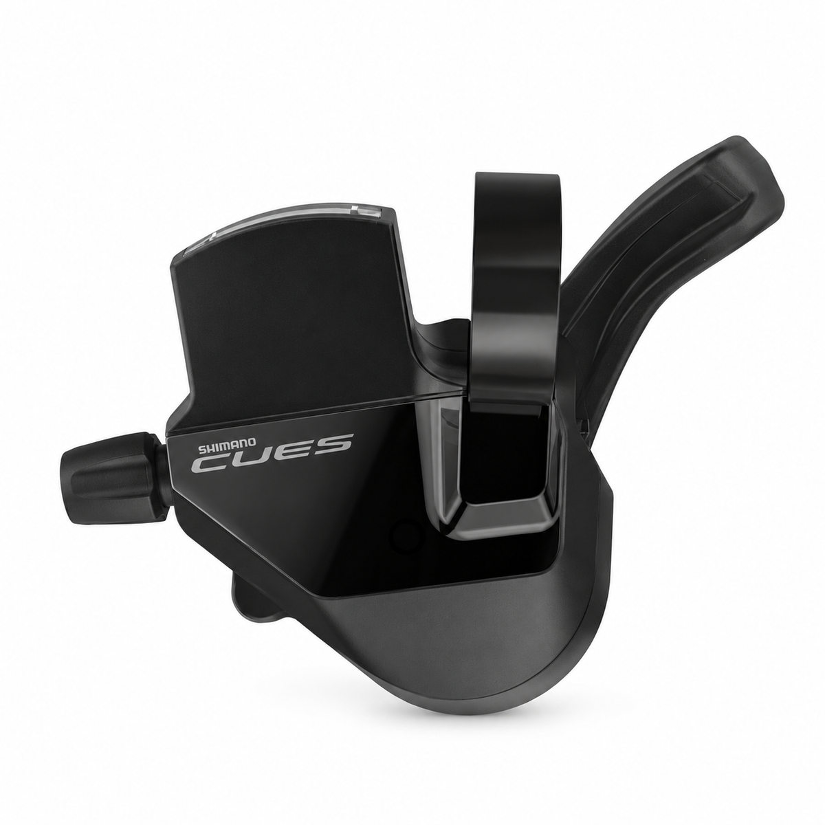 Linker SHIMANO CUES 2-fach-Schalthebel SL-U6000-L mit Ganganzeige — Produktansicht vor weißem Hintergrund