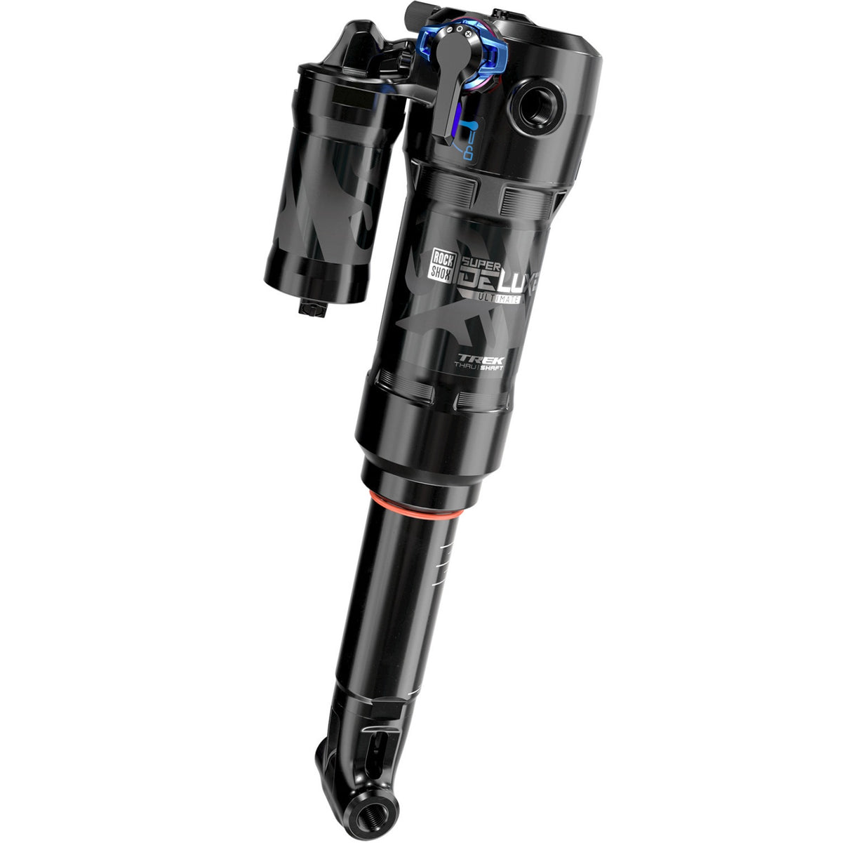 ROCKSHOX SUPER DELUXE THRU SHAFT RCT amortizatorius su Trunnion / Yoke tvirtinimu, progresyviu nustatymu, Mid Reb ir 380 Lockout, skirtas Trek