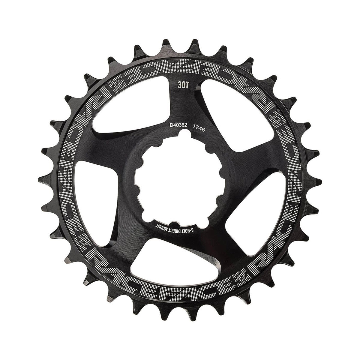 Jednopřevodník RACE FACE NARROW WIDE pro 9/10/11/12rychlostní pohon, Direct Mount Boost, kompatibilní se SRAM, černý — pohled na převodník na bílém pozadí