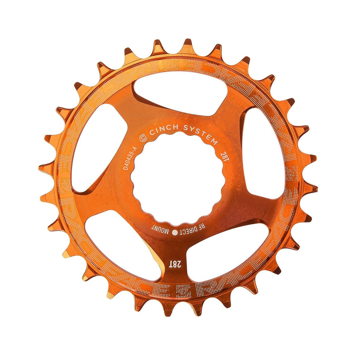 Plato monoplato RACE FACE NARROW WIDE 9/10/11/12V Cinch Direct Mount naranja — vista del plato sobre fondo blanco