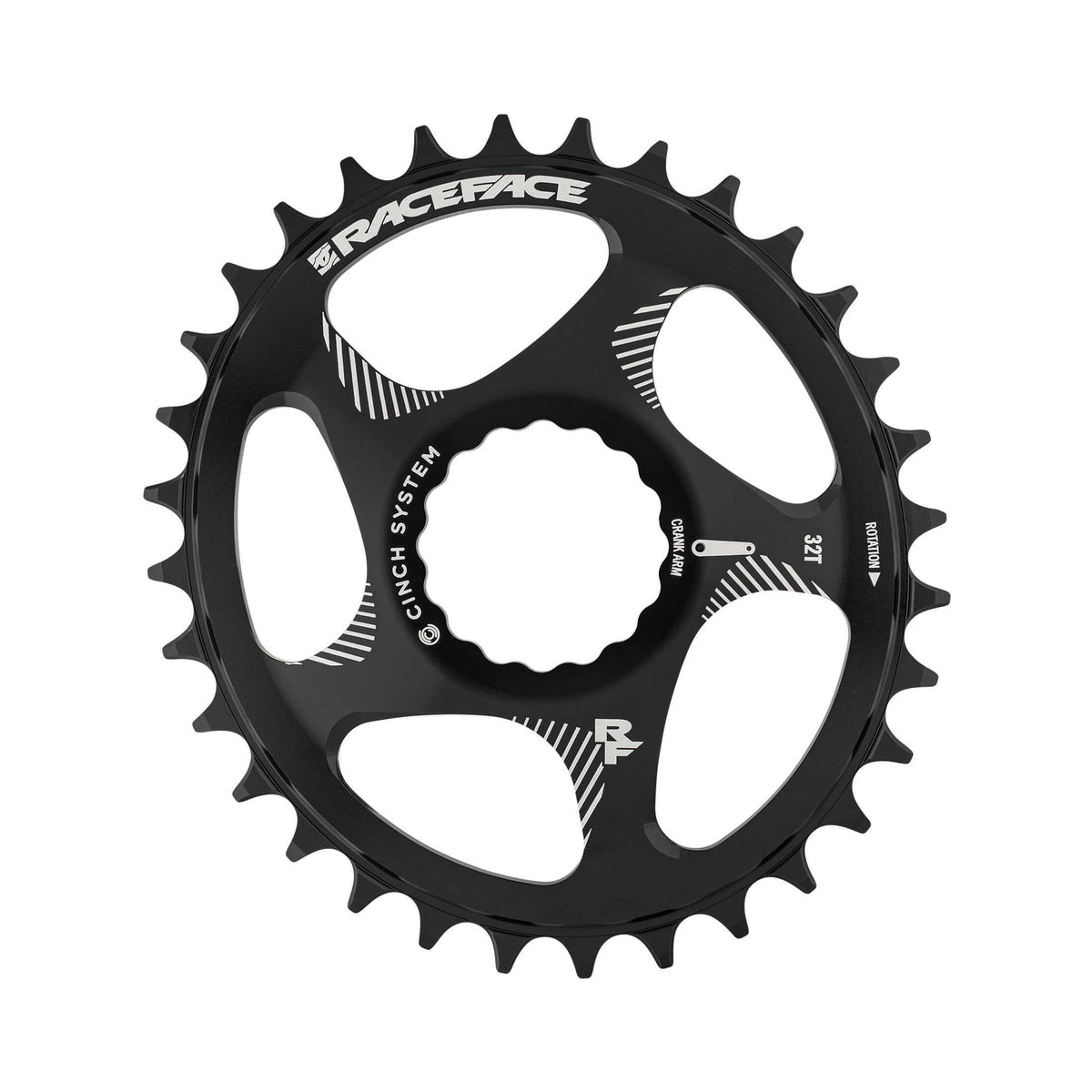Oválný jednopřevodník RACE FACE NARROW WIDE pro 10/11/12rychlostní pohon, Cinch Direct Mount, černý — pohled na převodník na bílém pozadí