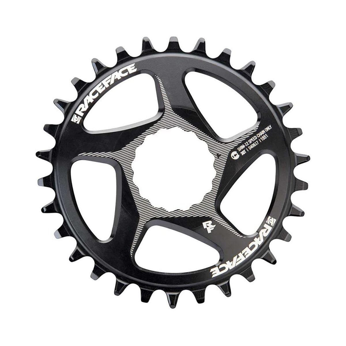 RACE FACE-klinge til enkelt klinge, 12 gear, Direct Mount, kompatibel med SHIMANO, sort — kædeklingen på hvid baggrund