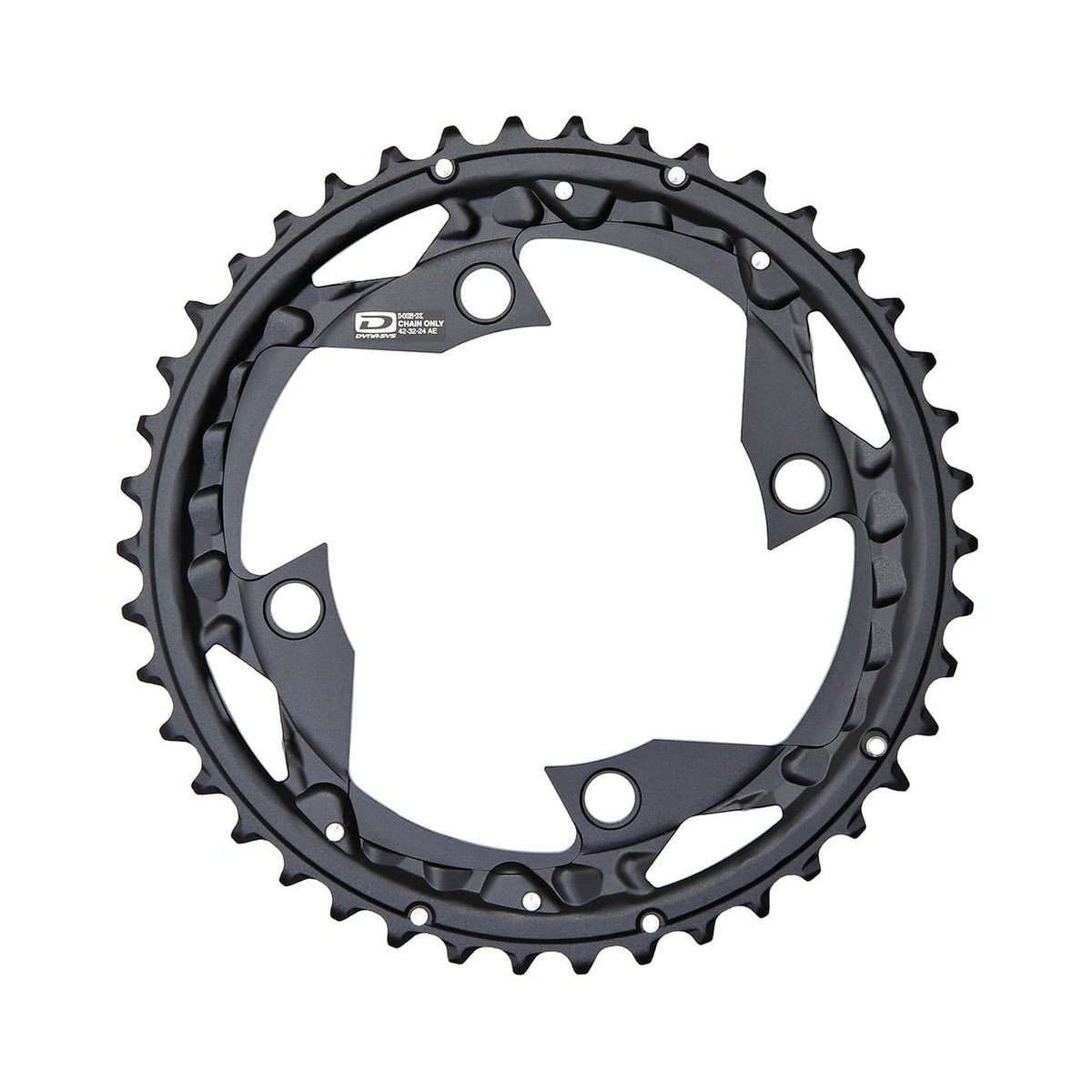 Prato exterior SHIMANO FC-M670/M660/670/780 de 10 velocidades, 4 furos, 104 mm — vista do prato sobre fundo branco