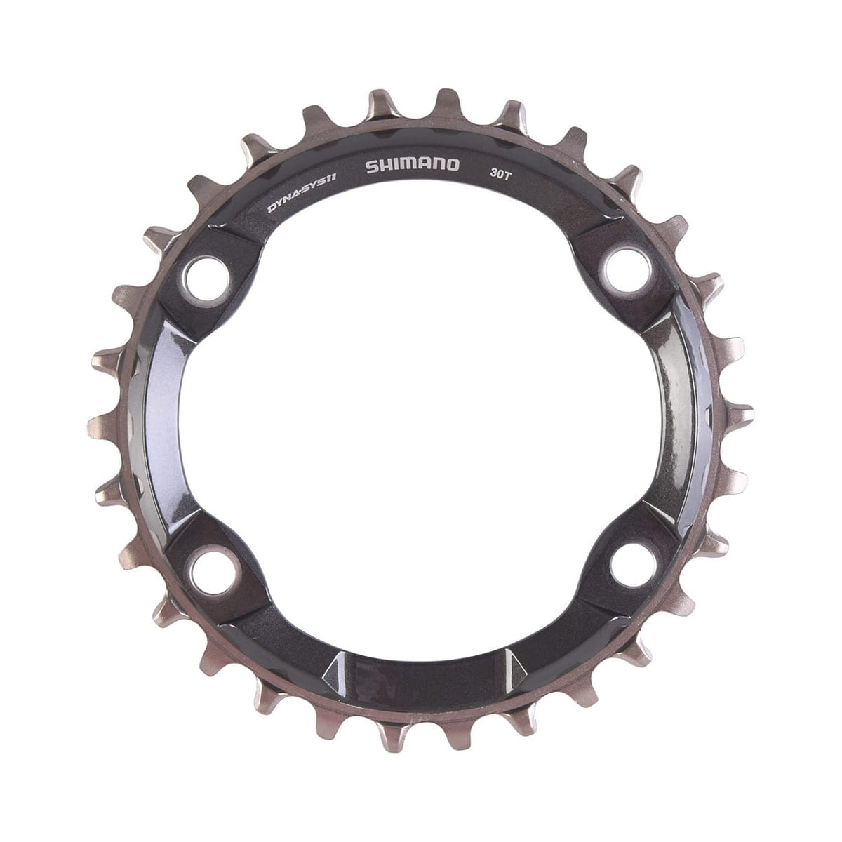 Plato único SHIMANO XT M8000 de dientes estrechos y anchos, 11 velocidades, 4 tornillos, 96 mm — vista del plato sobre fondo blanco