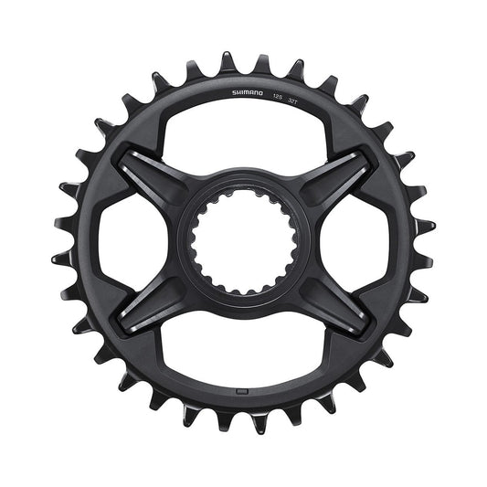 Plato único SHIMANO XT M8100 de 12 velocidades y montaje directo — vista del plato sobre fondo blanco