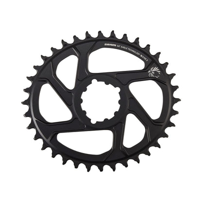 Musta alumiininen soikea SRAM EAGLE X-SYNC2 BOOST -eturatas, 11/12-vaihteinen, suorakiinnitys, 3 mm offset — eturatas valkoisella taustalla