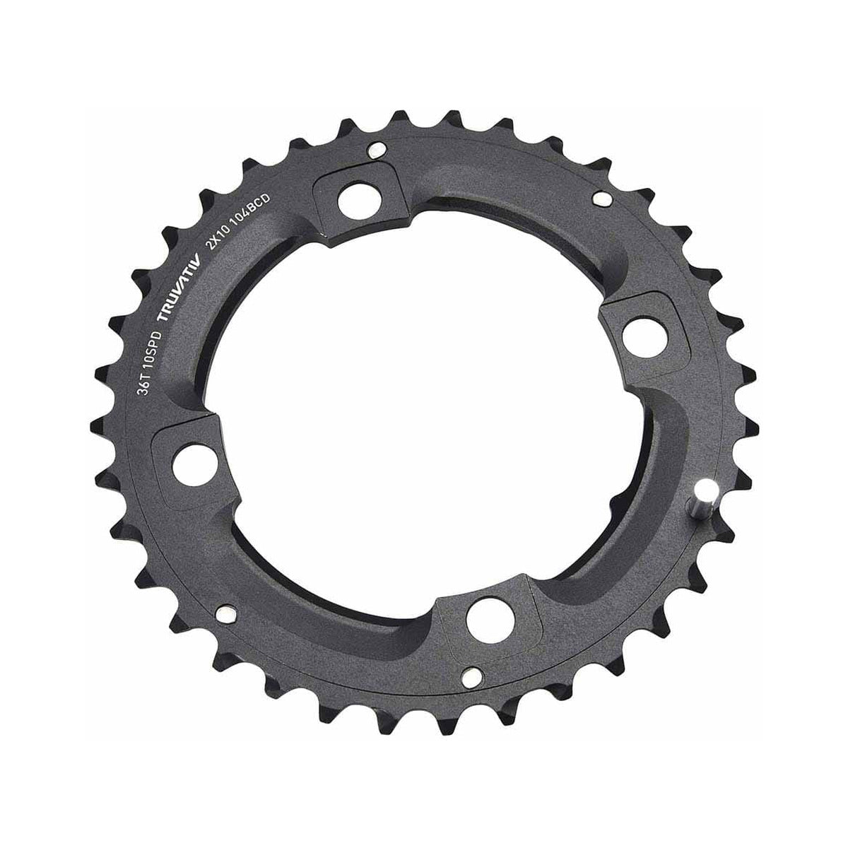 Vnější převodník SRAM/TRUVATIV pro 10 rychlostí, 4 šrouby, 104 mm, 36 zubů, L-PIN, hliníkový, černý — pohled na převodník na bílém pozadí