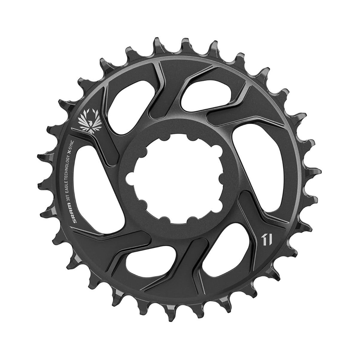 Sort SRAM EAGLE X-SYNC 2 enkeltklinge i aluminium til 12 gear, Direct Mount, 6 mm offset — klingen på hvid baggrund