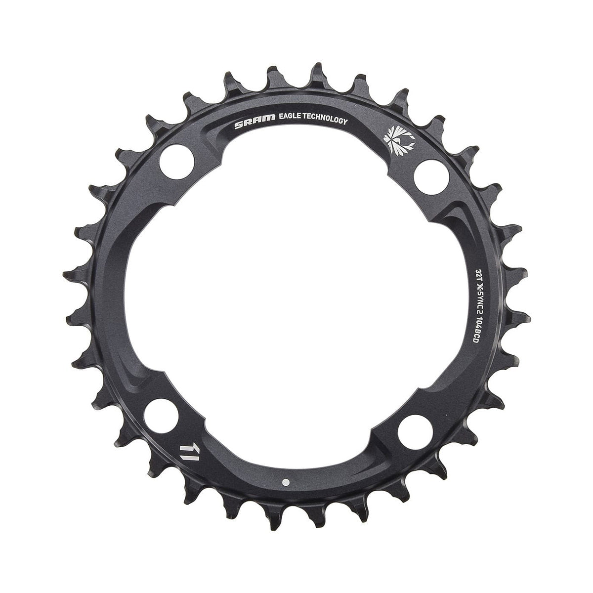 Corona monocorona SRAM X-SYNC2 EAGLE 12 velocità, 4 fori, 104 mm, nera — vista della corona su sfondo bianco