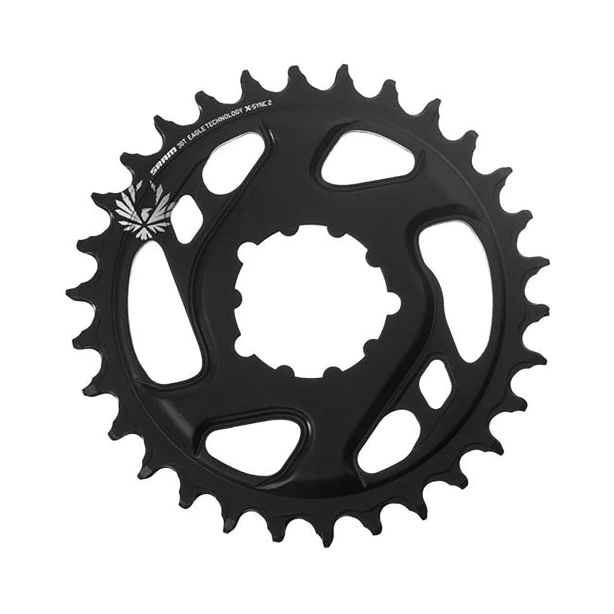 Musta taottu alumiininen SRAM EAGLE X-SYNC 2 -eturatas, 12-vaihteinen, suorakiinnitys, 6 mm offset — eturatas valkoisella taustalla