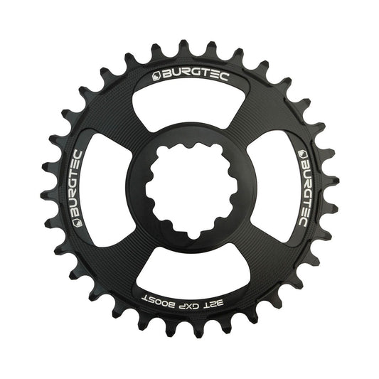 Musta BURGTEC GXP THICK THIN BOOST -eturatas, 11/12-vaihteinen, suorakiinnitys, kapea-leveä hammastus, 3 mm offset — eturatas valkoisella taustalla