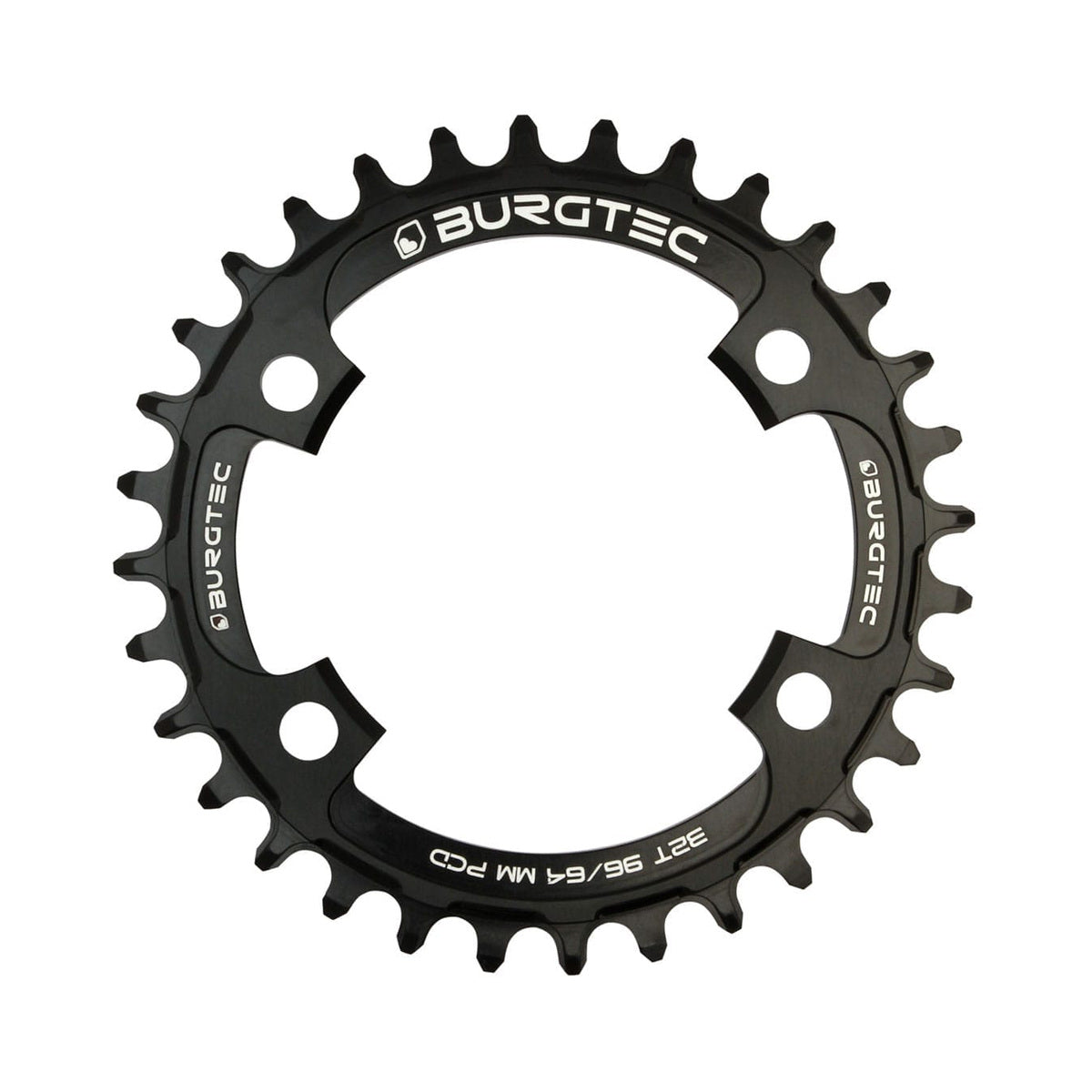 BURGTEC THICK THIN Narrow-Wide-Kettenblatt für Einfachantrieb, 9/10/11/12-fach, 4-Loch, 64/96 mm, schwarz — Ansicht des Kettenblatts vor weißem Hintergrund