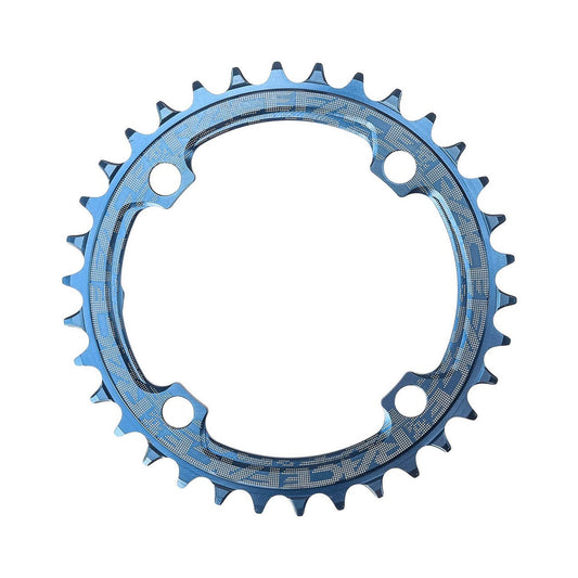 Plateau Mono RACE FACE NARROW WIDE 9/10/11/12V 4 Trous 104mm Bleu — vue du plateau sur fond blanc