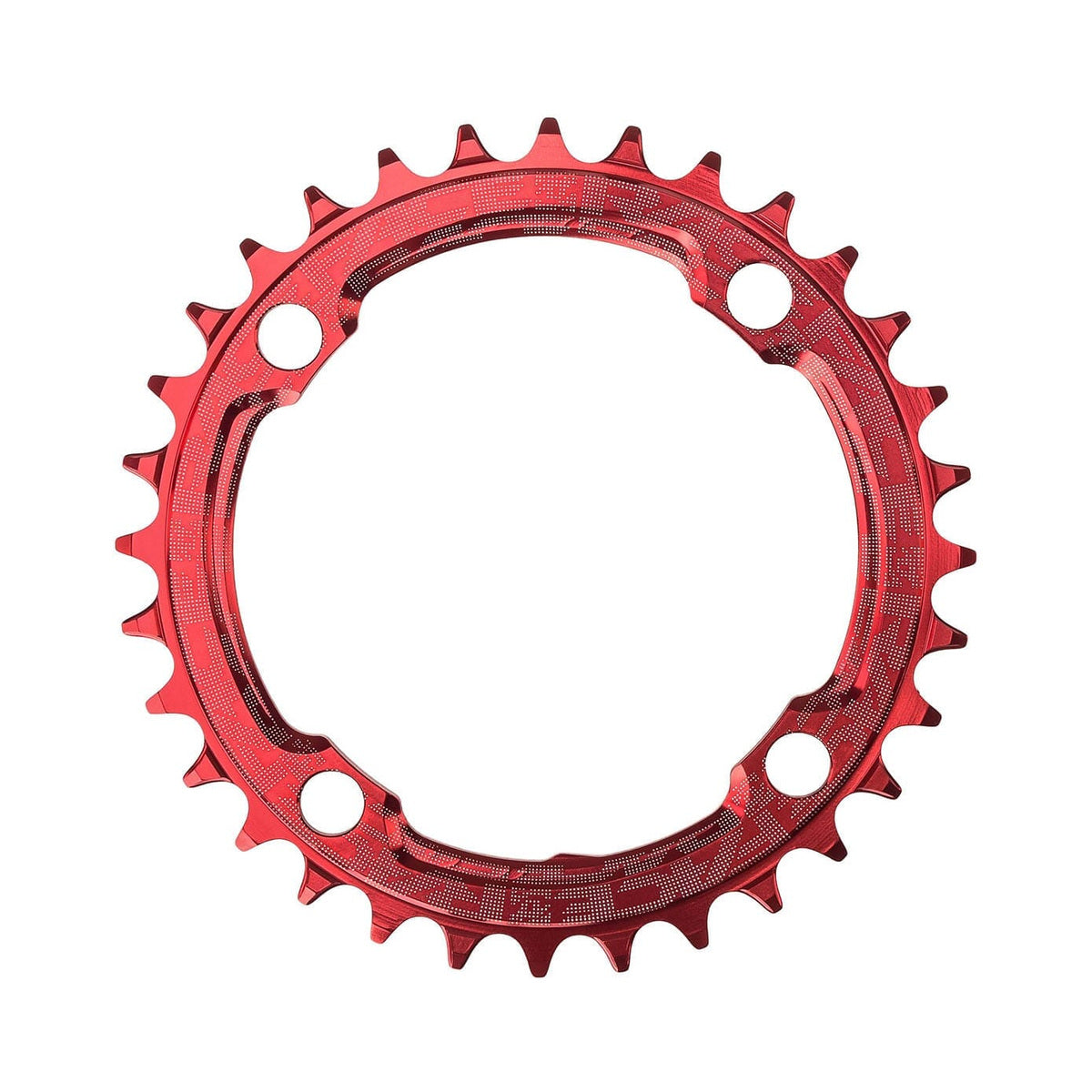 Rød RACE FACE NARROW WIDE enkeltklinge til 9/10/11/12 gear, 4 bolthuller, 104 mm — klingen på hvid baggrund
