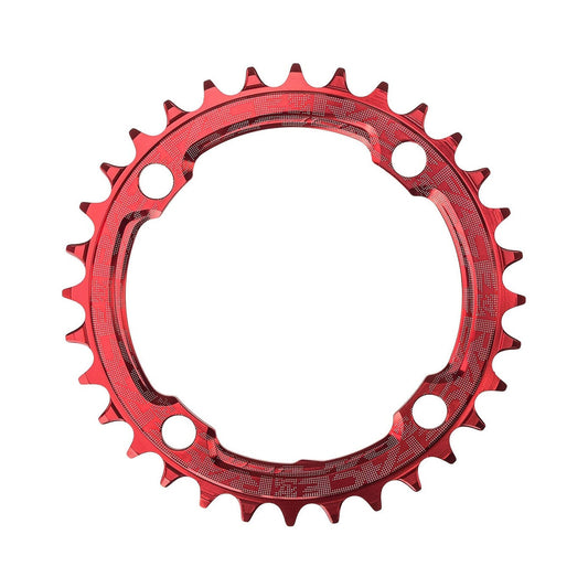 Red RACE FACE narrow-wide single chainring, 9/10/11/12-speed, 4-bolt, 104 mm — chainring on a white background