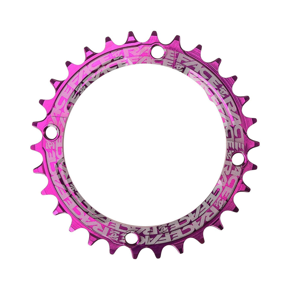 Prato único RACE FACE de dentes estreitos/largos, 9/10/11/12 velocidades, 4 furos, 104 mm, roxo — vista do prato sobre fundo branco
