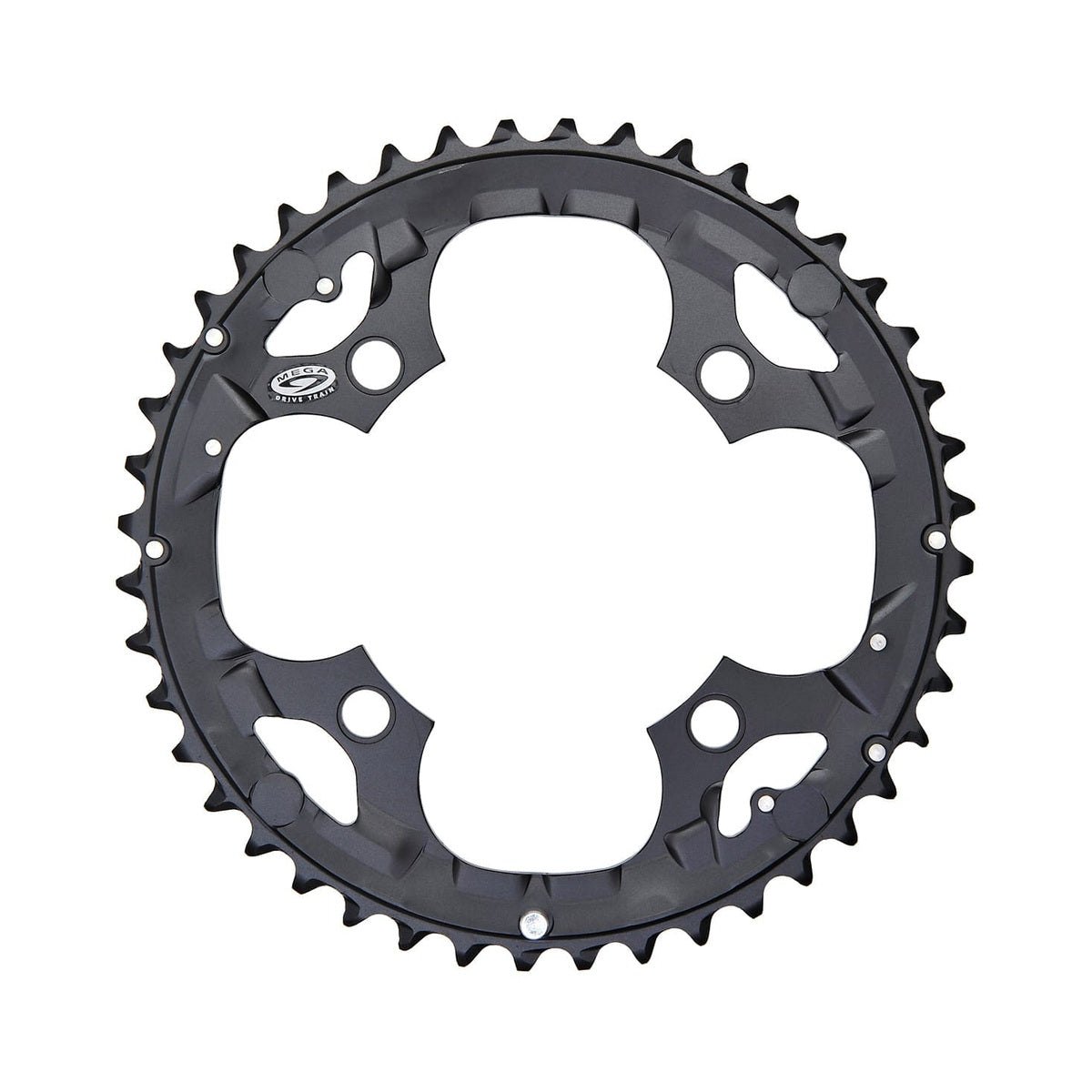 Musta SHIMANO DEORE M590 -ulkoeturatas, 9-vaihteinen, nelipulttikiinnitys, 104 mm — eturatas valkoisella taustalla