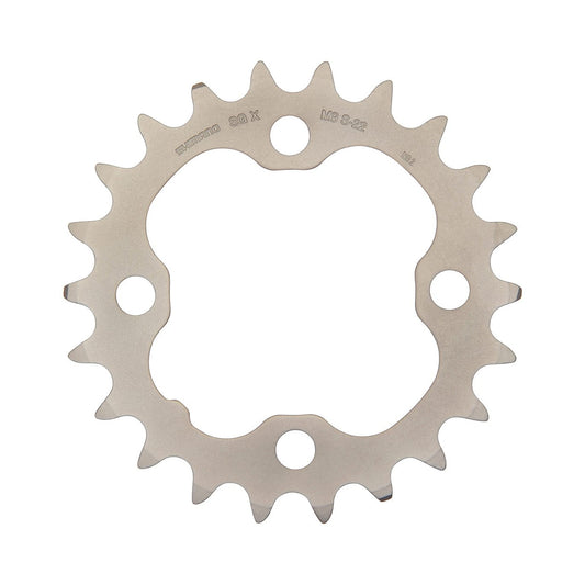 Silver SHIMANO DEORE M590 inner chainring, 9-speed, 4-bolt, 64 mm — chainring on a white background