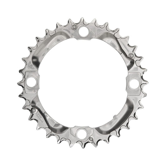 Silver SHIMANO DEORE M530 middle chainring, 9-speed, 4-bolt, 104 mm — chainring on a white background