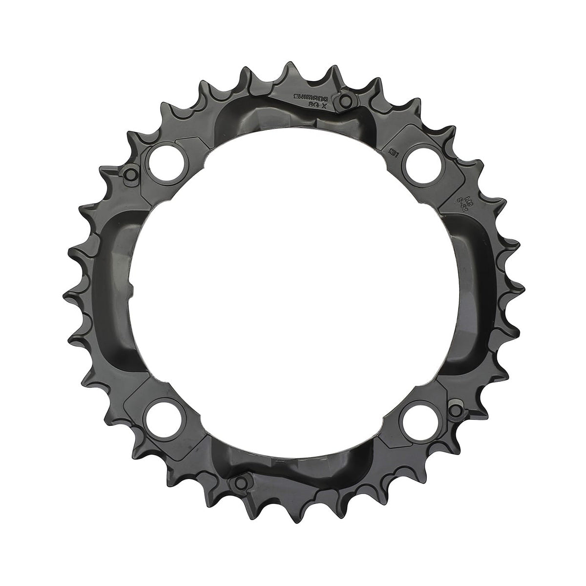 Musta SHIMANO DEORE M590 -keskieturatas, 9-vaihteinen, nelipulttikiinnitys, 104 mm — eturatas valkoisella taustalla