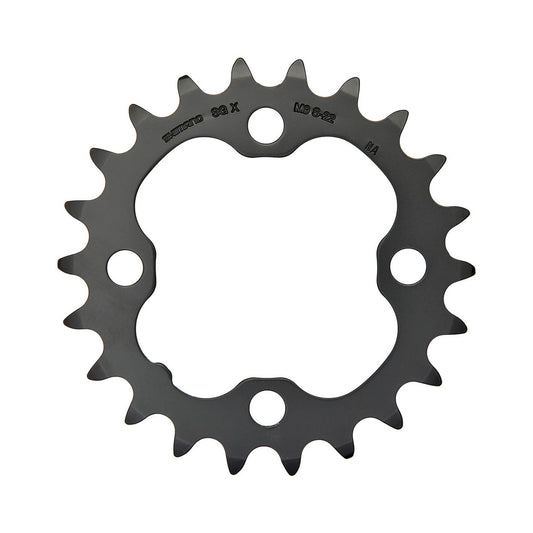 Musta SHIMANO DEORE M590 -sisäeturatas, 9-vaihteinen, nelipulttikiinnitys, 64 mm — eturatas valkoisella taustalla