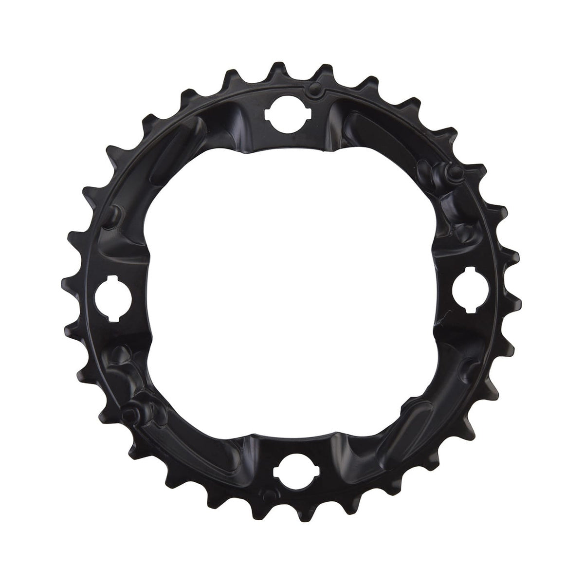 SHIMANO ALIVIO M4000 -keski-/ulompi eturatas, 9-vaihteinen, 4 kiinnitysreikää, 96 mm — eturatas valkoisella taustalla