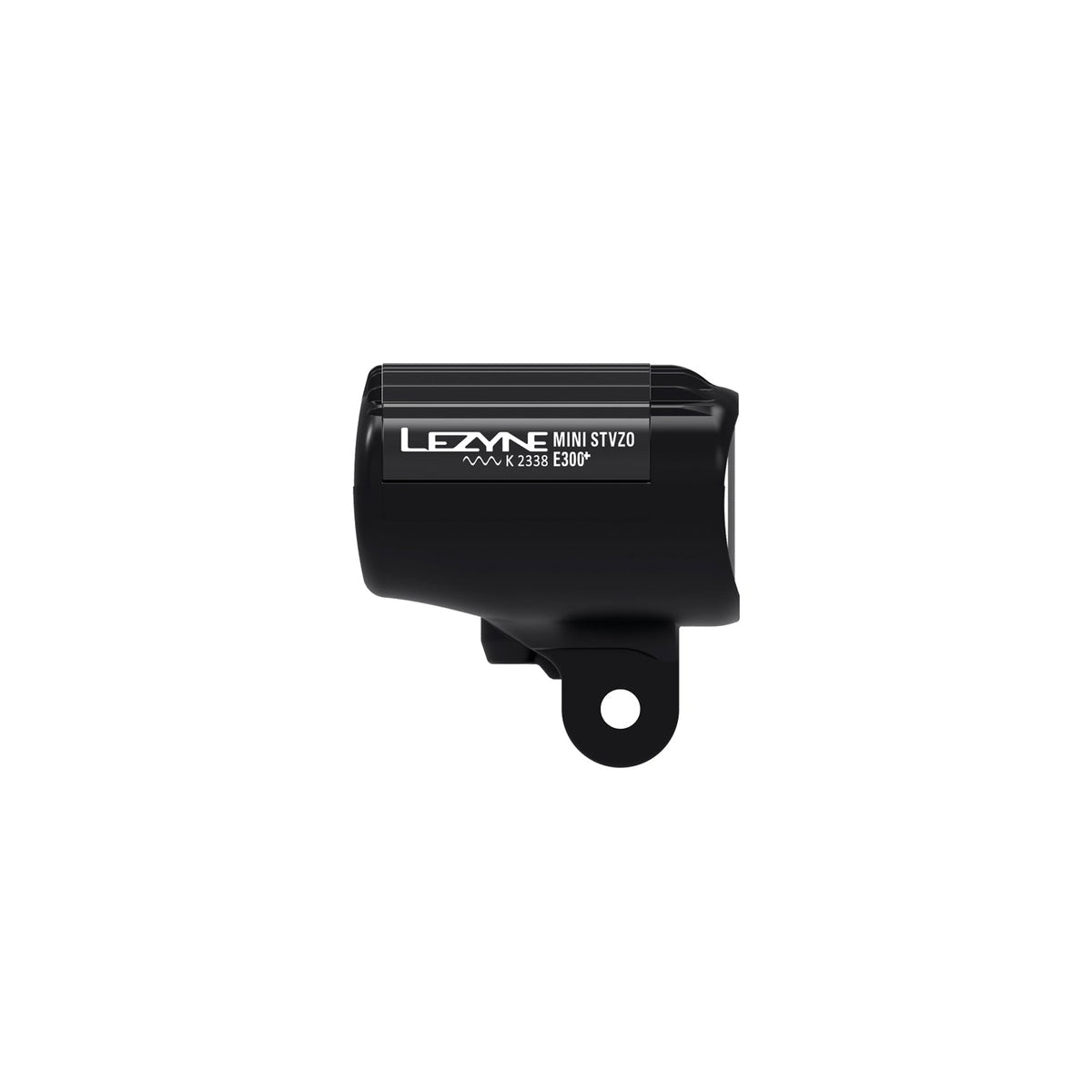 Vista lateral da luz dianteira LEZYNE E-BIKE E-MINI STVZO E300+ com placa de alumínio
