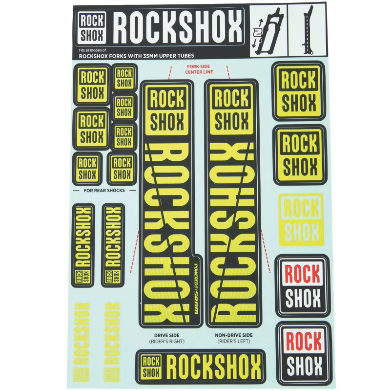 ROCKSHOX 35 mm MY18 šakės lipdukų rinkinys PIKE/LYRIK/YARI/DOMAIN/REVELATION, geltonas #11.4318.003.507