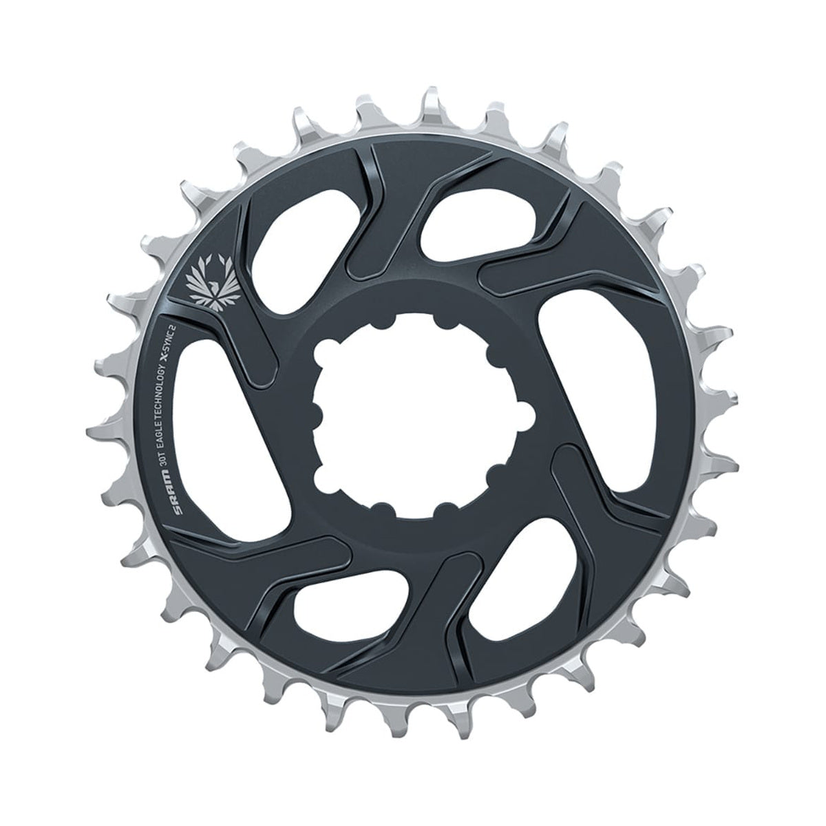 Plato monoplato SRAM EAGLE X-SYNC 2 BOOST de 11/12 velocidades, montaje directo, desplazamiento de 3 mm, gris lunar — vista del plato sobre fondo blanco