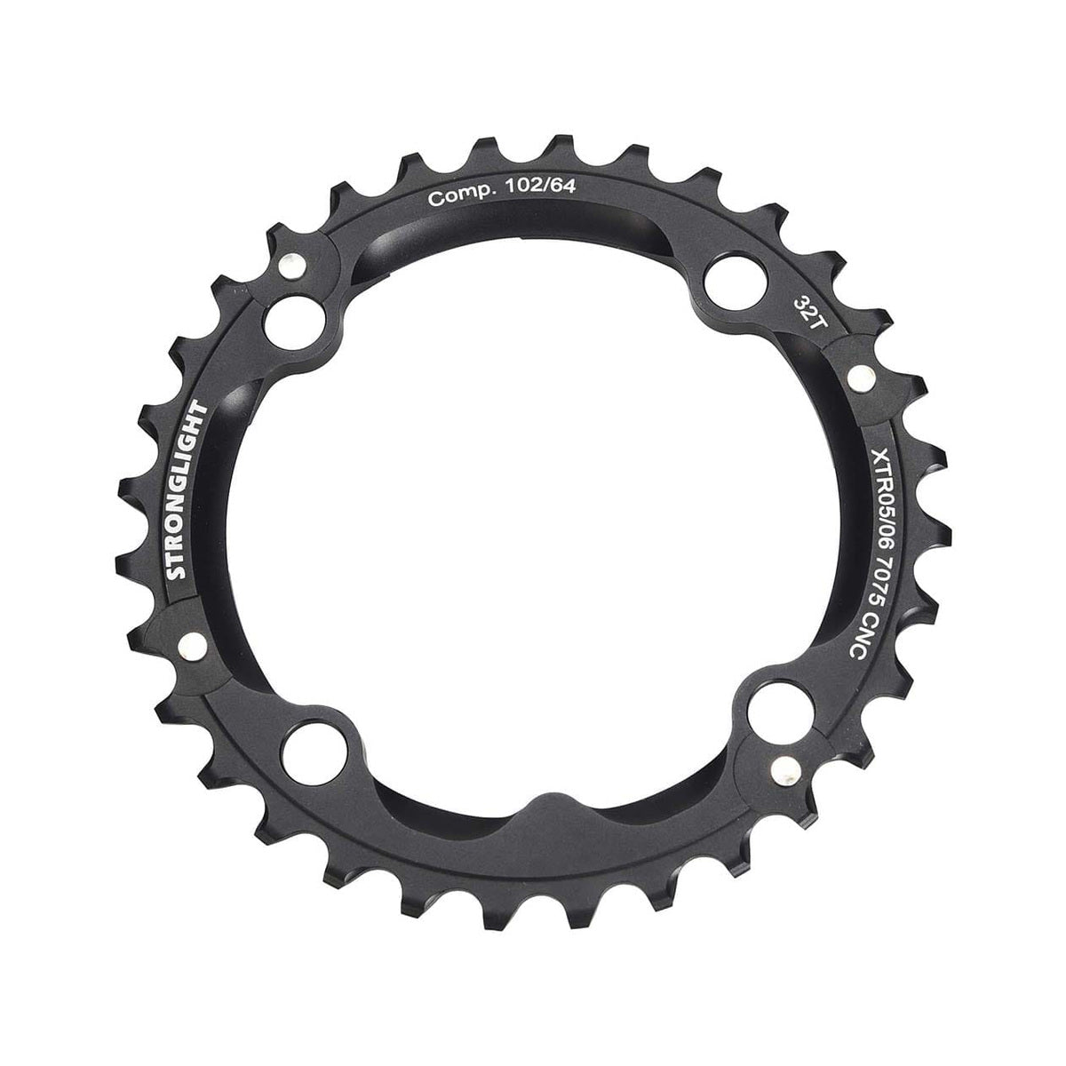 Plato intermedio STRONGLIGHT de aluminio 7075 para SHIMANO XTR M960 de 9 velocidades, 4 agujeros, 102 mm — vista del plato sobre fondo blanco