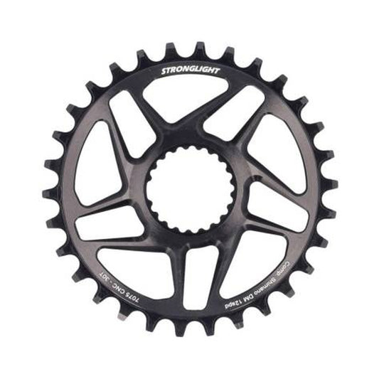 Plato monoplato STRONGLIGHT de 12 velocidades para Shimano, montaje directo, negro — vista del plato sobre fondo blanco
