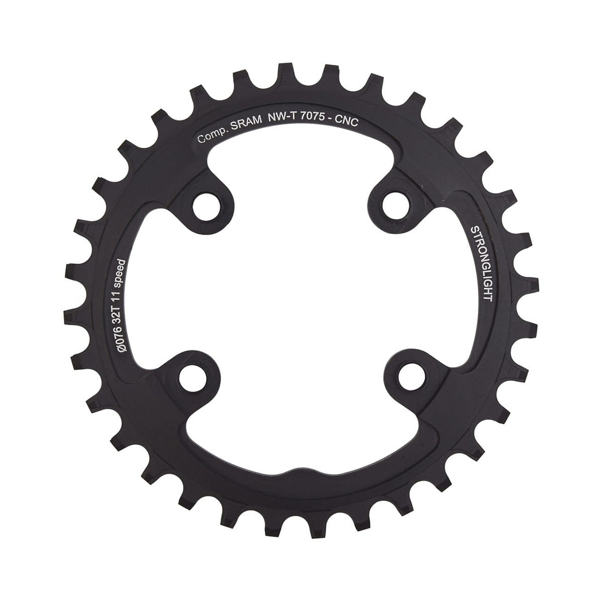 STRONGLIGHT ALU 7075 enkeltklinge med smal-bred tandprofil til Sram XX1, 11-speed, 4 bolthuller, 76 mm — klingen på hvid baggrund