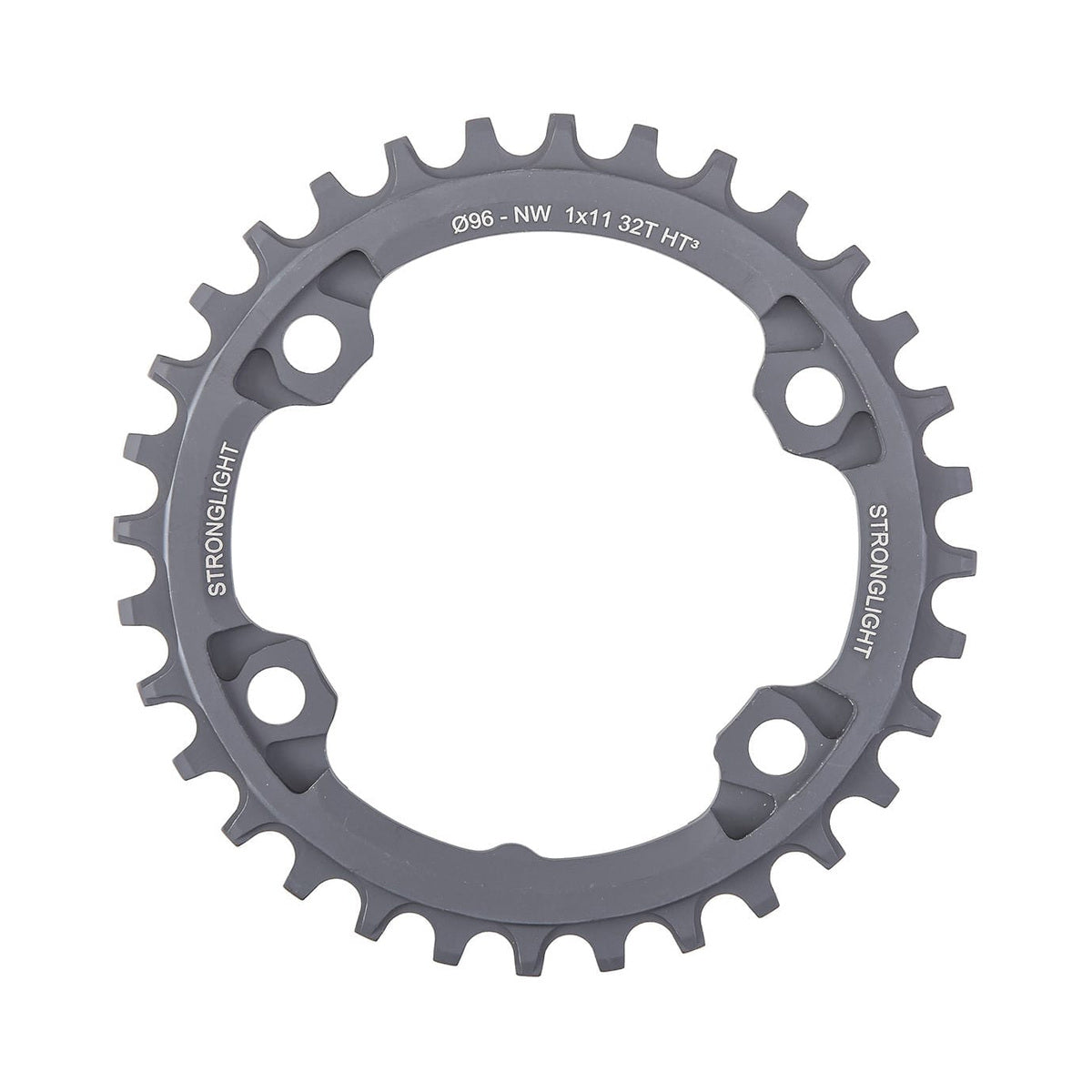 Einfach-Kettenblatt STRONGLIGHT HT3 SCHMAL-BREIT Shimano XTR M9000/M9020/XT M8000 11-fach, 4-Loch, 96 mm — Kettenblatt auf weißem Hintergrund