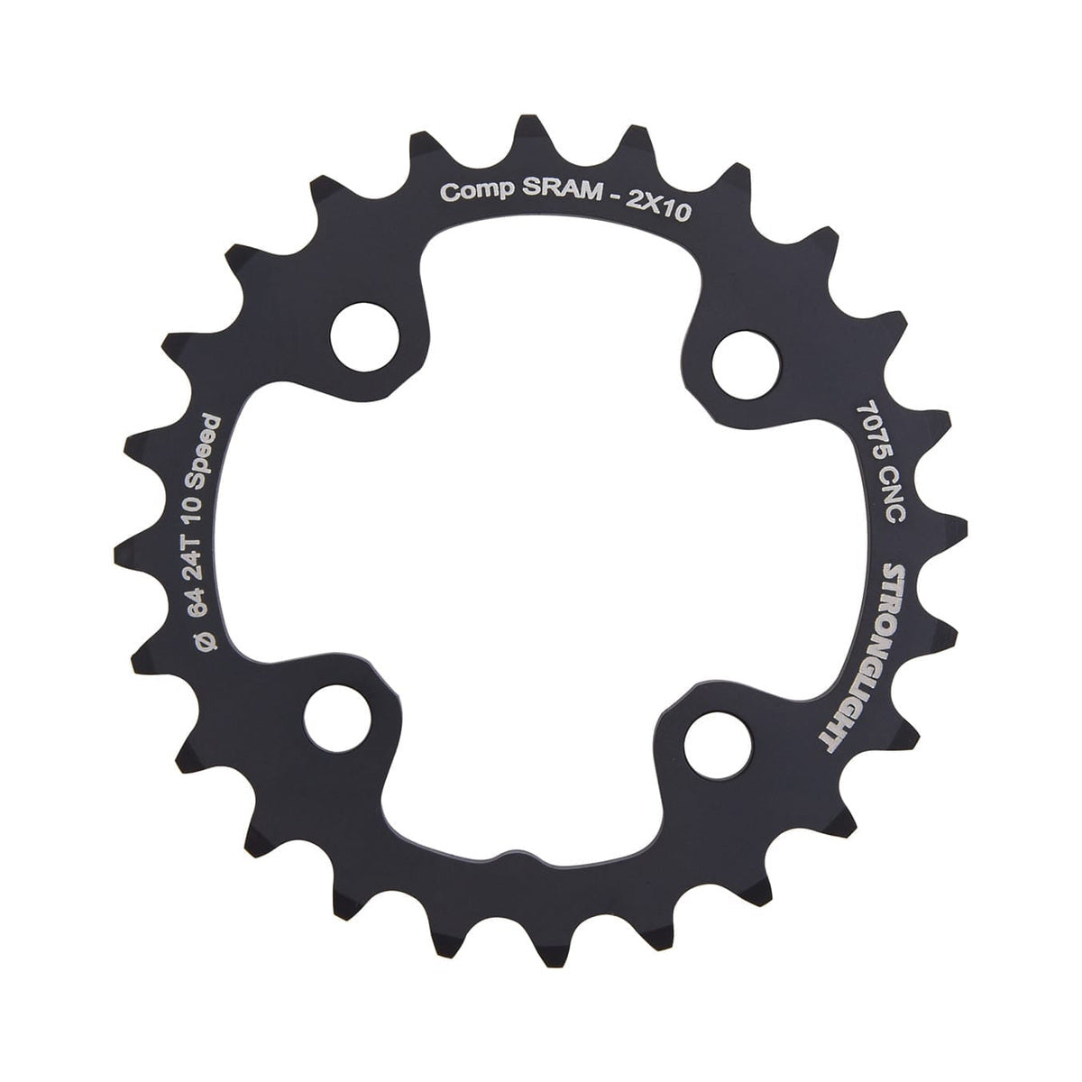 Prato interior STRONGLIGHT alumínio 7075, pedaleiro duplo de 10 velocidades, 4 furos, 64 mm — vista do prato sobre fundo branco