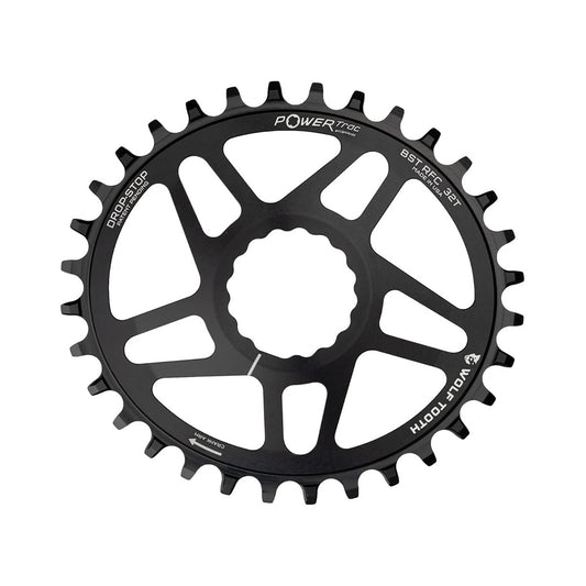 Plato ovalado monoplato WOLF TOOTH BOOST ELLIPTICAL de 9/10/11/12 velocidades para Raceface CINCH, montaje directo, desplazamiento de 3 mm, negro — vista del plato sobre fondo blanco