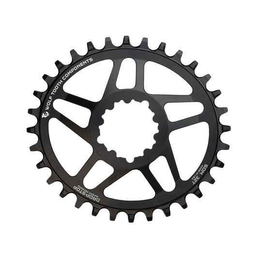 Plato ovalado monoplato WOLF TOOTH ELLIPTICAL de 10/11/12 velocidades para Sram, montaje directo, desplazamiento de 6 mm, negro — vista del plato sobre fondo blanco