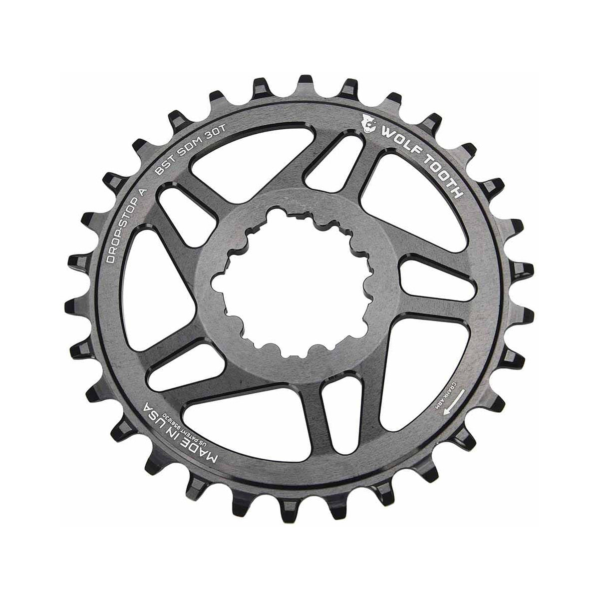Μονός δίσκος WOLF TOOTH BOOST 10/11/12 ταχυτήτων για Sram, άμεσης τοποθέτησης, μετατόπιση 3 mm, μαύρος — ο δίσκος σε λευκό φόντο