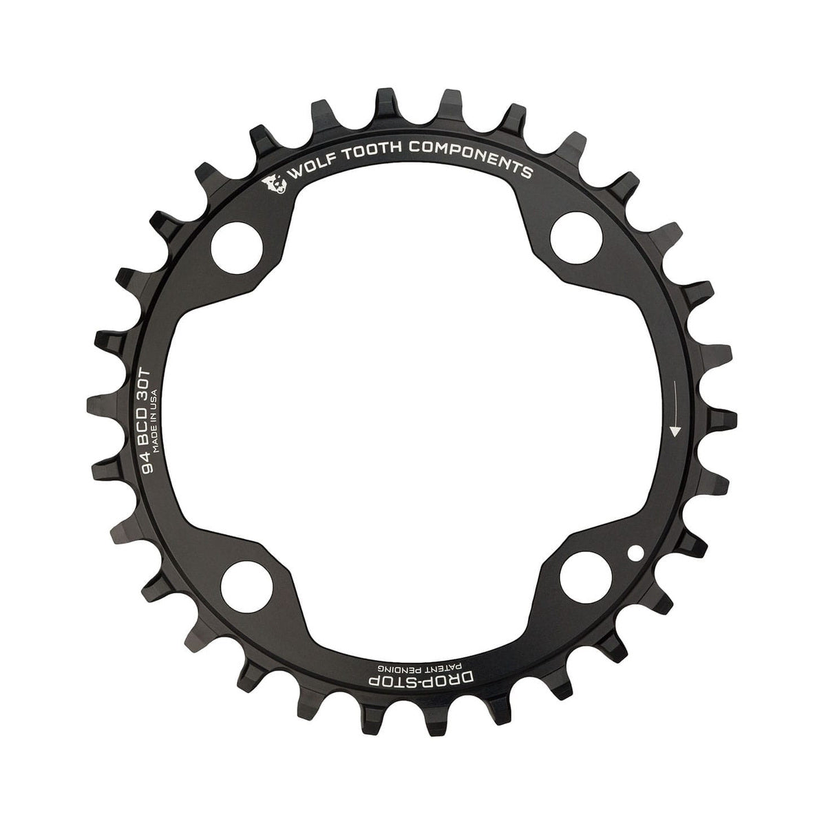 WOLF TOOTH enkeltklinge til 94 BCD, 10/11-speed, Sram X01/X1/GX/NX, 4 bolthuller, 94 mm, sort — klingen på hvid baggrund
