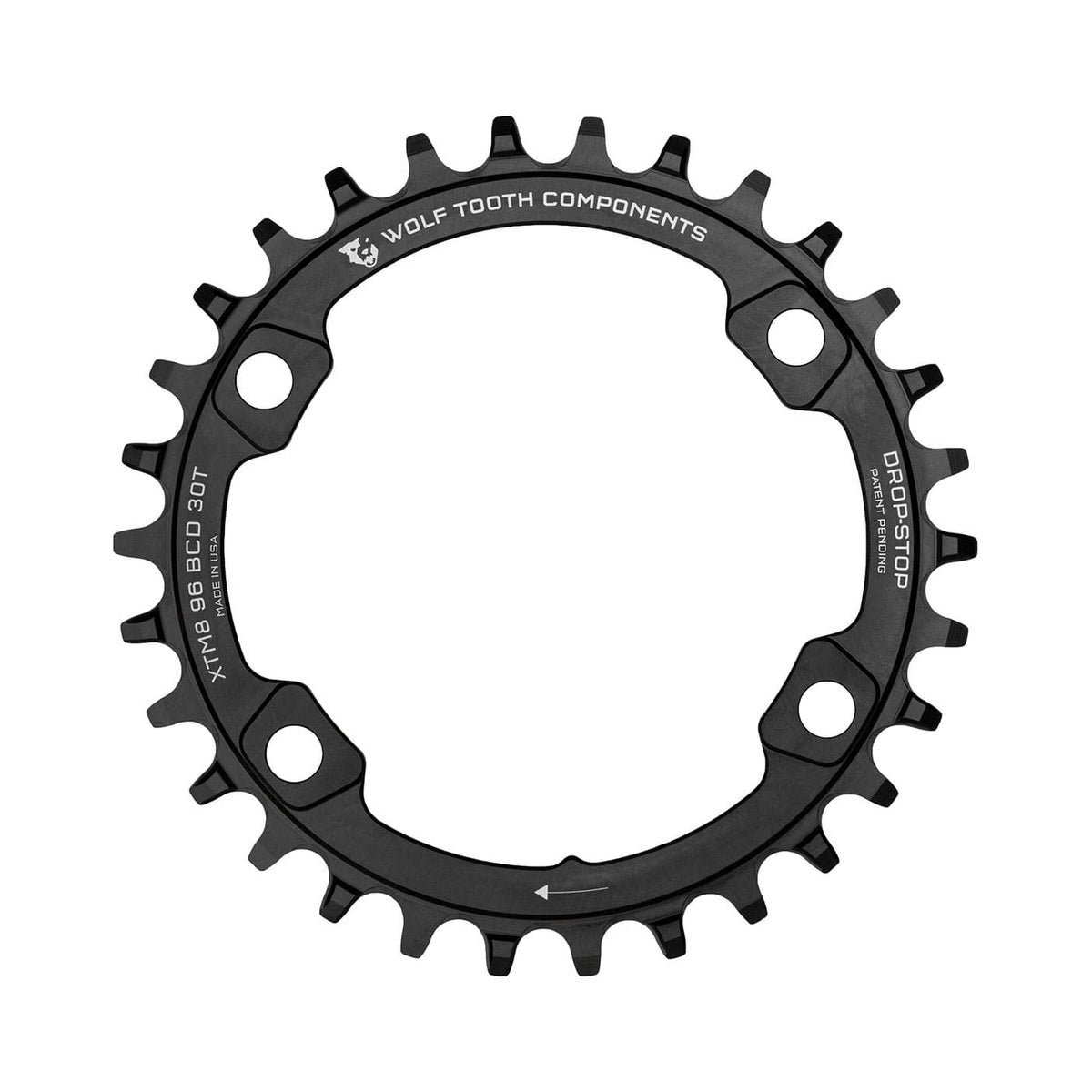 Jednopřevodník WOLF TOOTH 96 BCD pro 11rychlostní pohon a Shimano XT M8000/SLX M7000, 4 otvory, 96 mm, černý — pohled na převodník na bílém pozadí