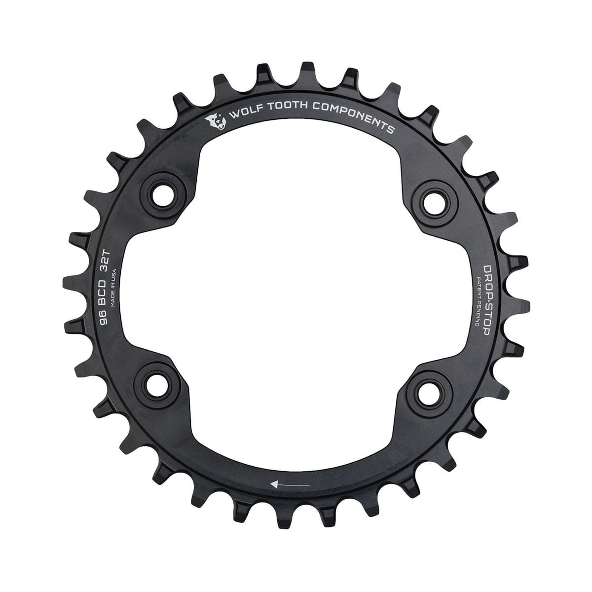 Prato único WOLF TOOTH 96 BCD 11 velocidades Shimano XTR M9000/M9020, 4 furos, 96 mm, preto — vista do prato sobre fundo branco