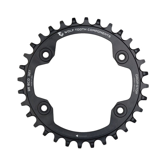 Plato monoplato WOLF TOOTH de 96 BCD, 11 velocidades, para Shimano XTR M9000/M9020, 4 agujeros, 96 mm, negro — vista del plato sobre fondo blanco