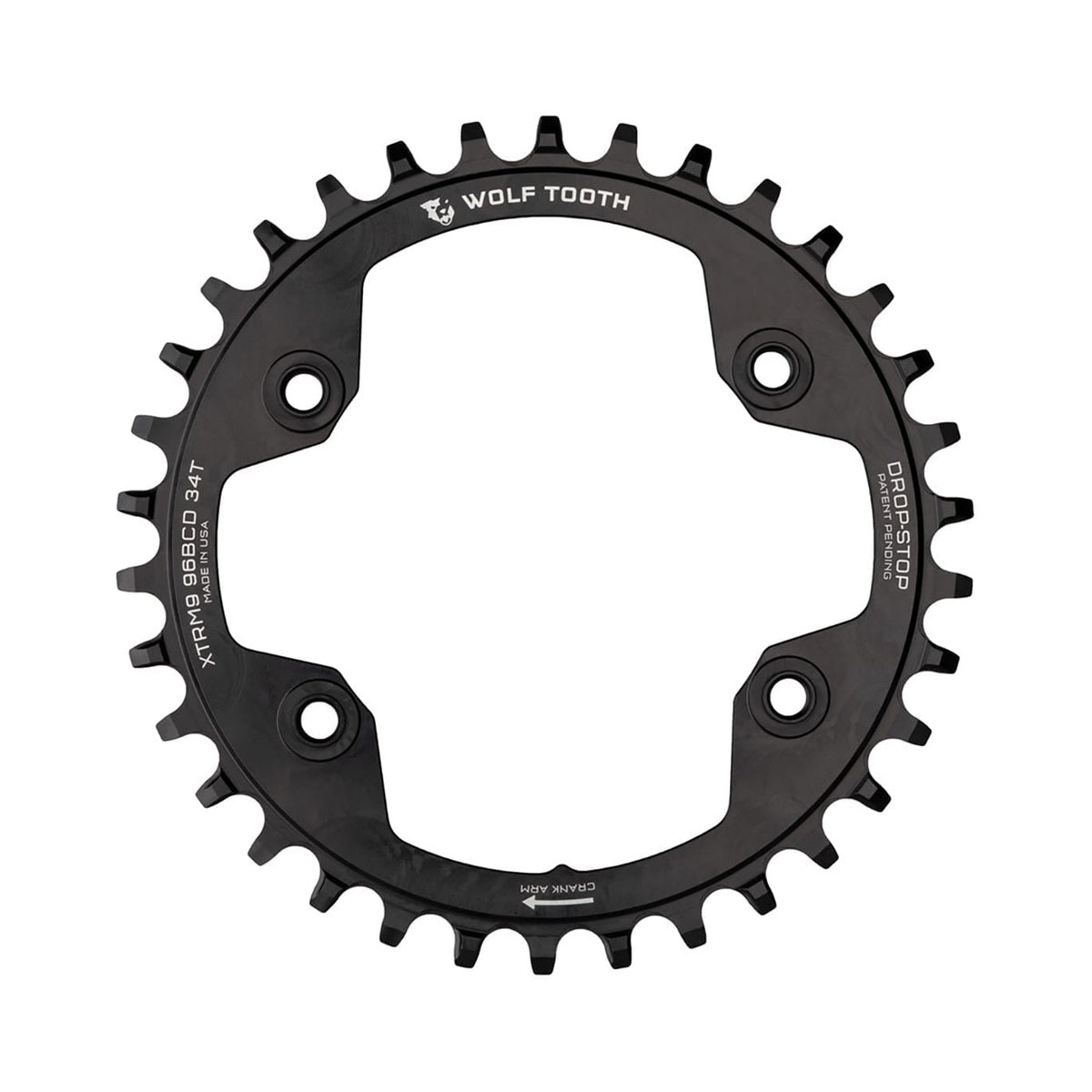 WOLF TOOTH 96 BCD-kedjedrev för Shimano XTR M9000/M9020 med enkelklinga, 9/10/11/12-delat, 4 hål, 96 mm, svart — kedjedrevet mot vit bakgrund