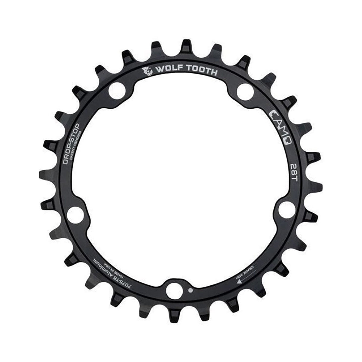 Jednopřevodník WOLF TOOTH CAMO pro 12rychlostní pohon a Shimano, unašeč WOLF TOOTH — pohled na převodník na bílém pozadí