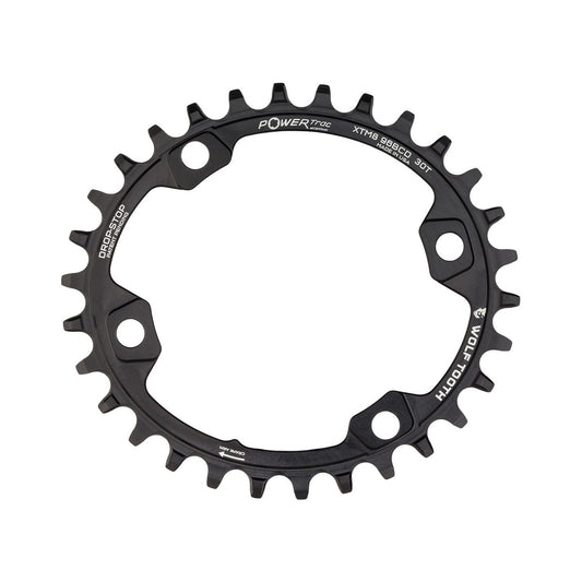Plato ovalado monoplato WOLF TOOTH ELLIPTICAL de 96 BCD, 11 velocidades, para Shimano XT M8000/SLX M7000, 4 agujeros, 96 mm, negro — vista del plato sobre fondo blanco
