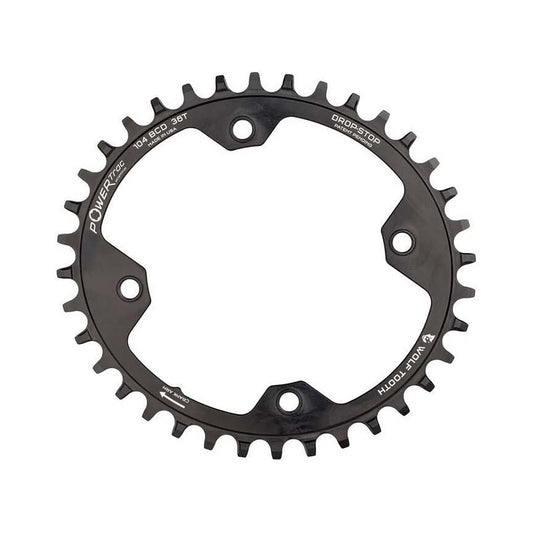 Plato ovalado monoplato WOLF TOOTH ELLIPTICAL de 104 BCD, 12 velocidades, para Shimano, 4 agujeros, 104 mm, negro — vista del plato sobre fondo blanco