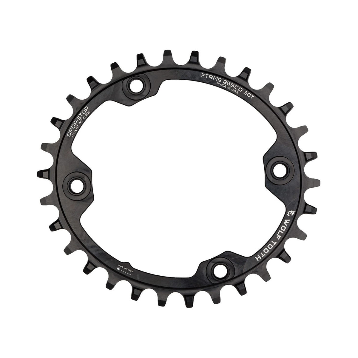 Ovaal enkel kettingblad WOLF TOOTH ELLIPTICAL 96 BCD 11 versnellingen Shimano XTR M9000/9020 4 boutgaten 96 mm zwart — kettingblad op witte achtergrond